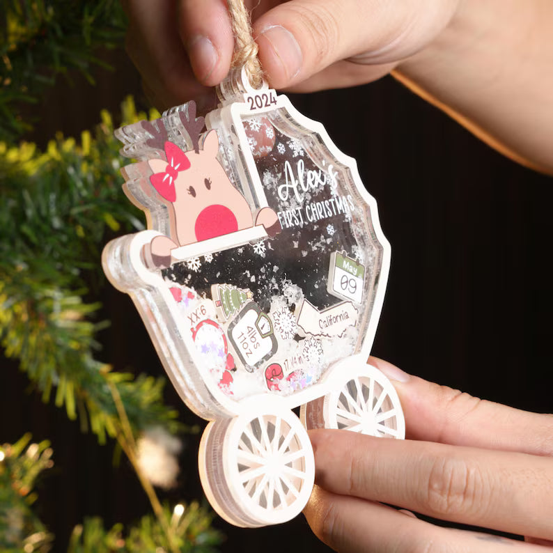 Personalized Baby's First Christmas Ornament 2026 | 4D Shaker Carriage Keepsake, New Baby Gift
