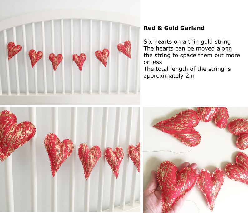 Set of 6 Fabric Christmas Hearts | Scandi Nordic Hanging Tree Ornaments in Grey, Red & Off-White