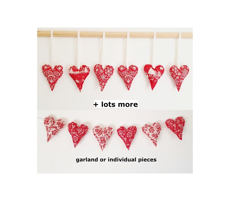 Set of 6 Fabric Christmas Hearts | Scandi Nordic Hanging Tree Ornaments in Grey, Red & Off-White