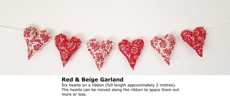 Set of 6 Fabric Christmas Hearts | Scandi Nordic Hanging Tree Ornaments in Grey, Red & Off-White