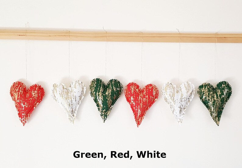 Set of 6 Fabric Christmas Hearts | Scandi Nordic Hanging Tree Ornaments in Grey, Red & Off-White