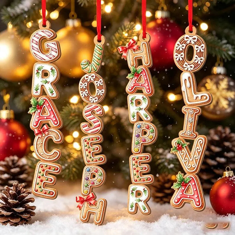 Personalized Gingerbread Alphabet Ornament | Custom Kids Name Christmas Ornaments for Family