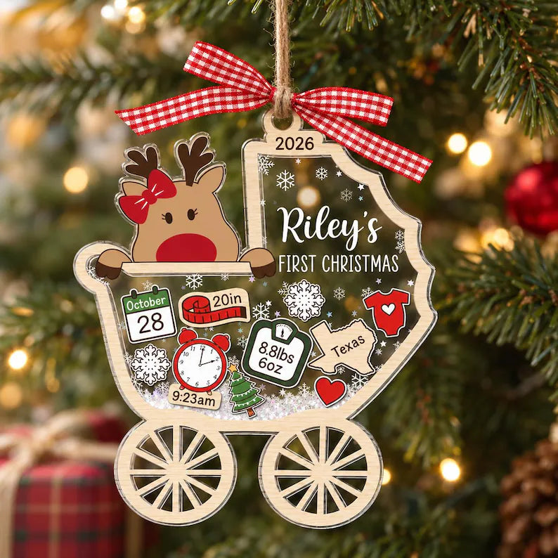 Personalized Baby's First Christmas Ornament 2026 | 4D Shaker Carriage Keepsake, New Baby Gift